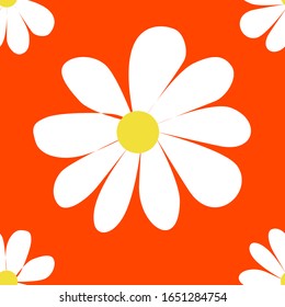Vector drawing of a summer daisy flower on a colored background in a flat style.  Seamless background, pattern, color, pastel background, children’s, print, textile, floral print