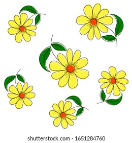 Vector drawing of a summer daisy flower on a colored background in a flat style.  Seamless background, pattern, color, pastel background, children’s, print, textile, floral print