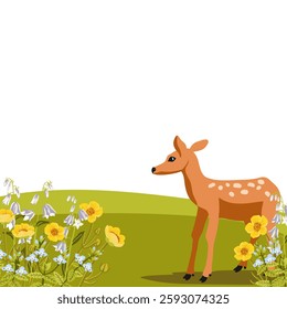 vector drawing summer flowers, sika deer and green hills, hand drawn illustration