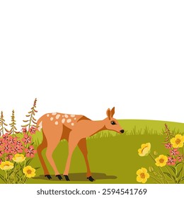 vector drawing summer flowers, sika deer and green hills, hand drawn illustration