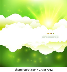 Vector drawing summer green colors cloudy sky with sun illustration. 