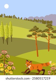 vector drawing summer landscape with flowers, red fox, sun and trees, hand drawn illustration