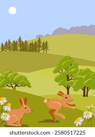 vector drawing summer landscape with flowers, rabbits, sun and trees, hand drawn illustration