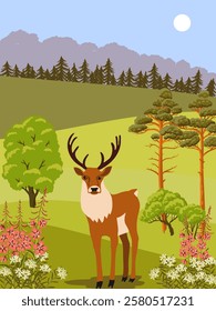 vector drawing summer landscape with flowers, deer, sun and trees, hand drawn illustration