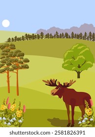 vector drawing summer landscape with flowers, elk, sun and trees, hand drawn illustration