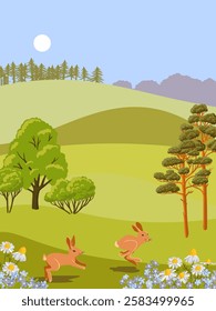 vector drawing summer landscape with flowers, rabbits, sun and trees, hand drawn illustration