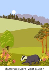 vector drawing summer landscape with flowers, badger, sun and trees, hand drawn illustration