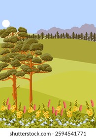 vector drawing summer landscape with flowers,green grass, sun and pine trees, hand drawn illustration