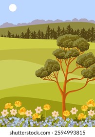vector drawing summer landscape with flowers,green grass, sun and pine trees, hand drawn illustration