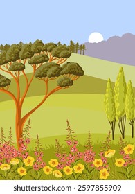 vector drawing summer landscape with flowers,green grass, sun and pine trees, hand drawn illustration