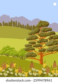 vector drawing summer landscape with flowers,green grass, sun and pine trees, hand drawn illustration