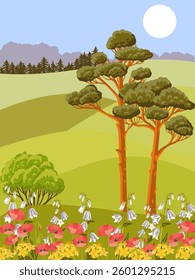vector drawing summer landscape with flowers,green grass, sun and pine trees, hand drawn illustration