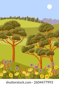 vector drawing summer landscape with flowers,green grass, sun and pine trees, hand drawn illustration