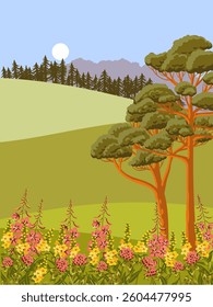vector drawing summer landscape with flowers,green grass, sun and pine trees, hand drawn illustration