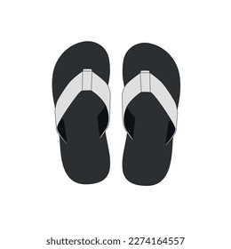 Vector drawing of a summer pair of flip-flops on a black sole with a light top. Template for a pair of sandals for the pool, beach, etc. Sketch of summer open slippers, vector.