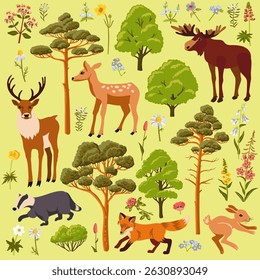 vector drawing summer set of flowers, animals and trees, hand drawn illustration