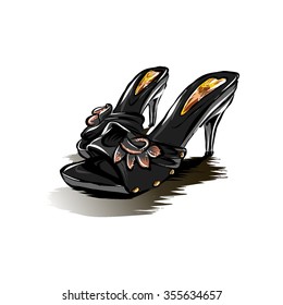 vector drawing, summer shoes, barefoot persons