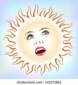 Vector drawing of sun with a female face.