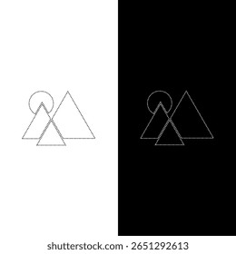 Vector drawing sun and mountains, dotted line color black and white flat style