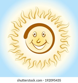 Vector drawing of sun with smiling face on blue sky.