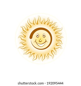 Vector drawing of sun with smiling face on white background.