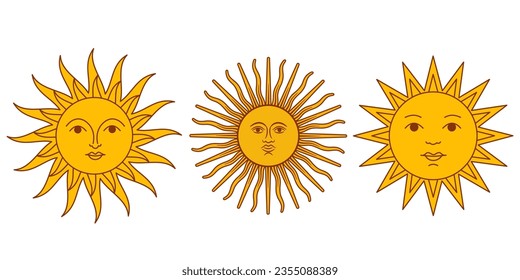 vector drawing of the sun in three versions in a fabulous style on a white background. a sun icon in a flat style with an outline. stock vector illustration. EPS 10.