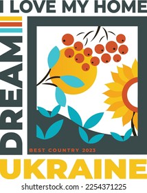 Vector drawing sunflower, red viburnum, sun, love Ukraine. Print for clothes, sticker, poster. Vector elements.