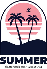 Vector drawing sunny beach, summertime. Print for t-shirt, sticker, poster. Vector elements.