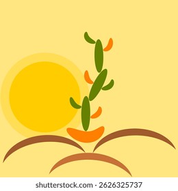 Dibujo de Vector de la puesta del sol en el desierto. Sol y cactus sobre un fondo claro, para imprimir sobre tela y papel.