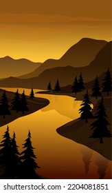 Dibujo vectorial de la puesta de sol con montañas y río. Paisaje natural