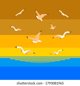 Vector drawing of the sunset on the background of the blue sea with flying seagulls. Great background, nature, tourism, birds.