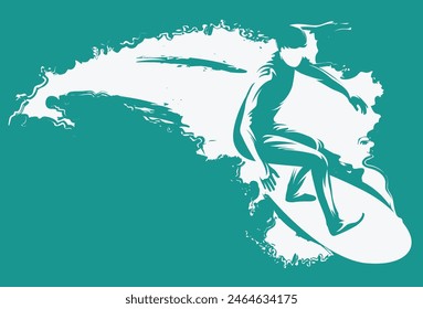 vector drawing of a surfer on a board riding the waves at sea