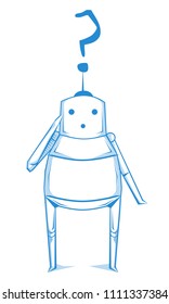 Vector drawing of a surprised, silly and confused robot with the question mark forgets something, password reset, password reminder concept illustration