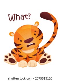 Vector drawing of a surprised tiger, isolated on a white background, cute tiger. Illustration of a surprised tiger that sits. For the design of the year of the tiger, year of the zodiac, chinese new