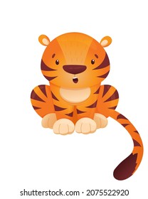 Vector drawing of a surprised tiger, isolated on a white background, cute tiger. Illustration of a surprised tiger that sits. For the design of the year of the tiger, year of the zodiac, chinese new