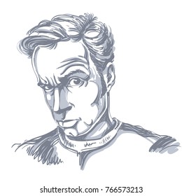 Vector drawing of suspicious man with short hair. Black and white portrait of attractive skeptic guy. 