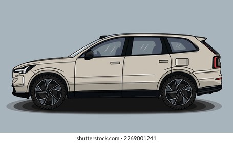 Vector drawing of an SUV car. Beige-colored vehicle. Off-road EV. EPS File. Safe car. Volvo EX90. 