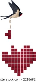 Vector drawing of a swallow that carries on a string a missing puzzle for a red heart