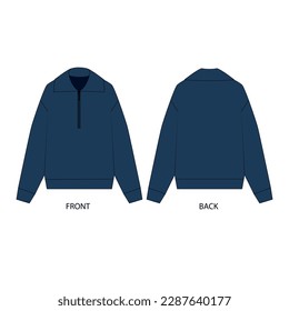 Vector drawing sweater and zipper in front in blue  Sweatshirt template and zipper  front   back view  Outline drawing sports jacket and zipper 