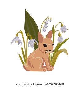vector drawing sweet baby rabbit and spring flowers, hand drawn animal and flowering plants at white background , cartoon style character