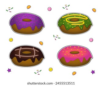 Vector drawing of sweet, stickers of donuts with glazed side. Drawing for print,background,joy,print on clothes.