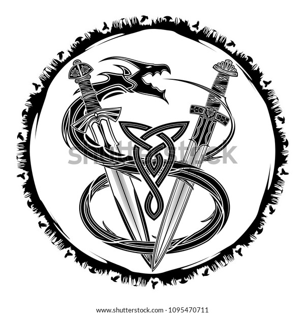 尾を噛むバイキングとドラゴンの刀のベクター画像 幻想的な蛇 バイキングの神聖な印の画像 トリスケル 仙骨記号 トリニティ ノルマン文化 ベクターイラスト のベクター画像素材 ロイヤリティフリー