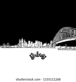 Vector drawing of Sydney skyline, outline. Australia travel landmark. Black and white cover and background concept.