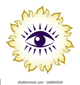 Vector drawing of a symbolic eye against the background of sun beams.