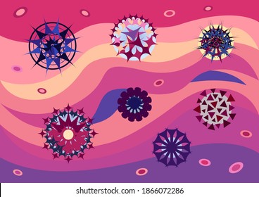 El dibujo vectorial con una imagen simbólica de virus, coronavirus, puede utilizarse como fondo o textura.