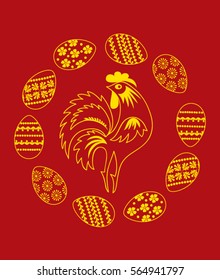 Vector drawing of symbolic rooster with decorated Easter eggs around him