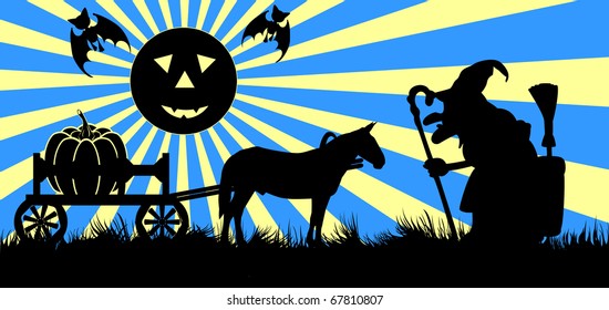 Vector drawing symbolizing Halloween consisting of a horse and wagon, pumpkins, bats and witch