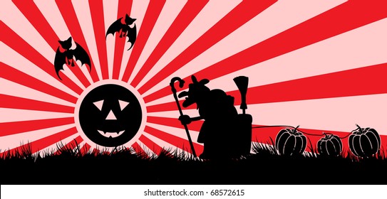 Vector drawing symbolizing Halloween consisting of witch, three pumpkins and bats