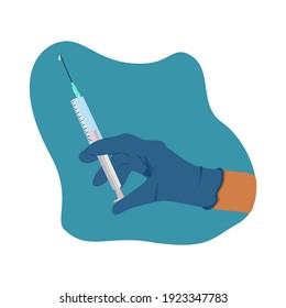 Jeringa de dibujo vectorial en mano sobre un fondo azul en un estilo plano, dibujos animados. Una mano en un guante sujeta una jeringa con un medicamento. Instrumento médico, tratamiento.
