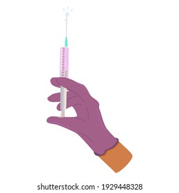 Vector drawing syringe in hand on a white isolated background in a flat style, cartoon. A hand in a glove holds a syringe with a medicine. Medical instrument, treatment.